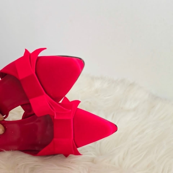 Midnight Velvet Slingback Pointed Toe Bow Red Kitten Heel Shoe. Women's Sz 7W🌴 - Picture 6 of 9